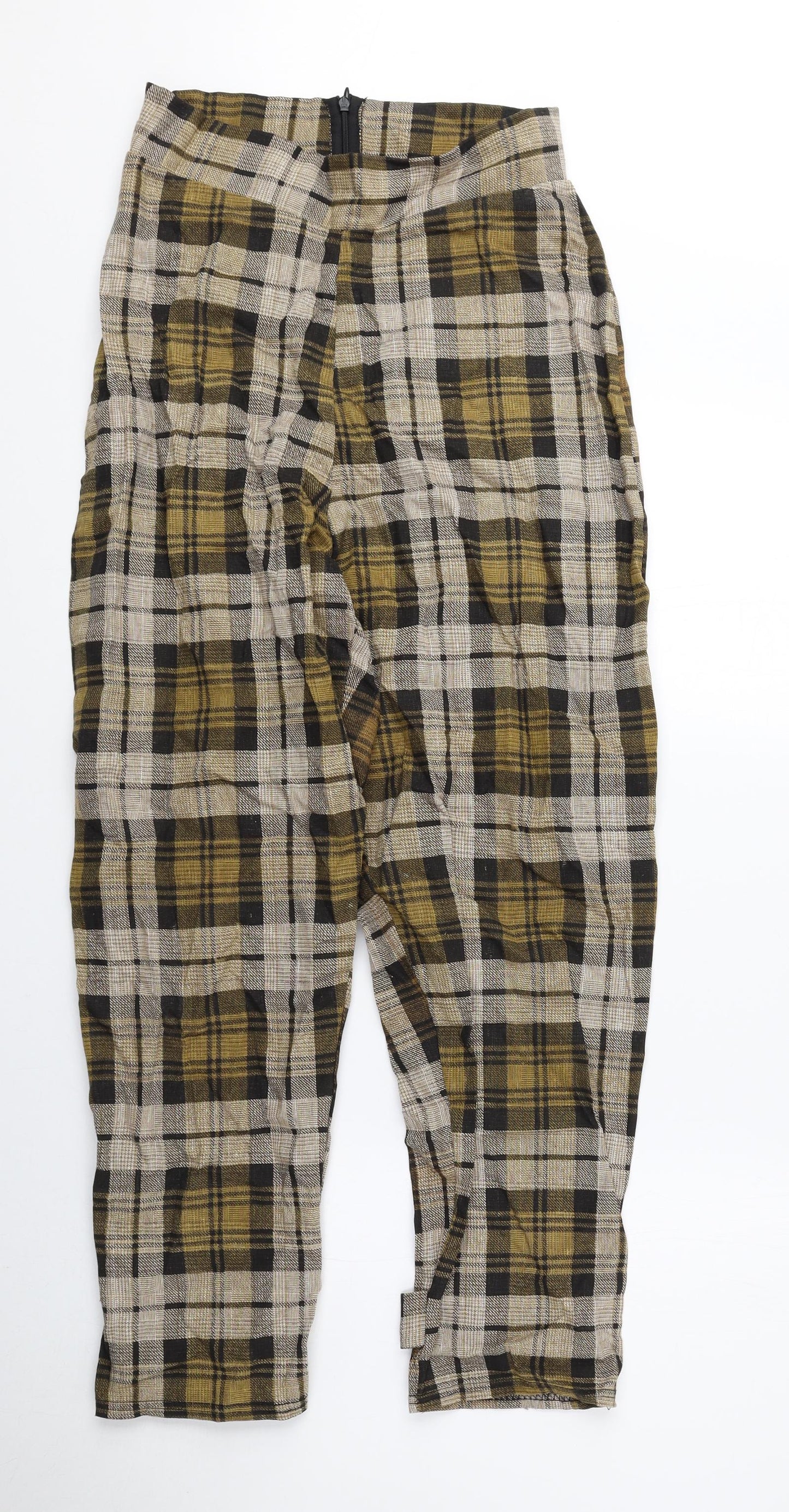 PRETTYLITTLETHING Womens Yellow Plaid Linen Trousers Size 10 L27 in Regular Zip
