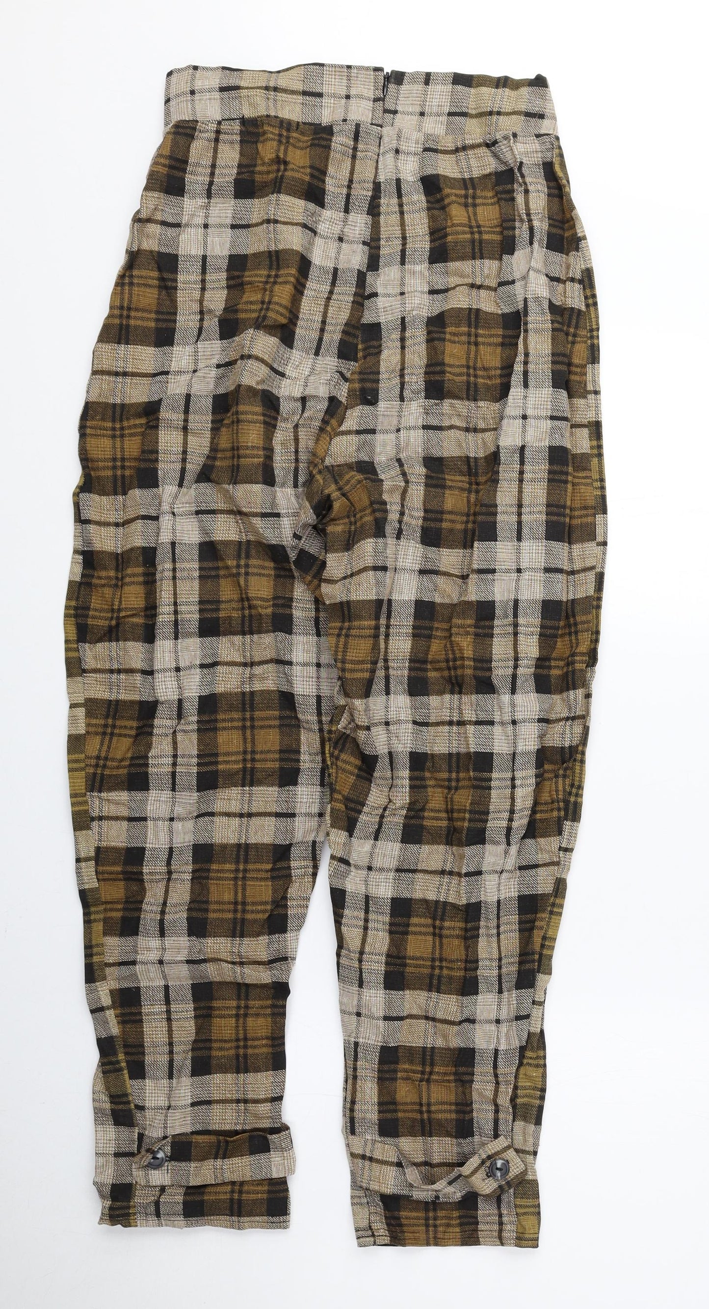 PRETTYLITTLETHING Womens Yellow Plaid Linen Trousers Size 10 L27 in Regular Zip