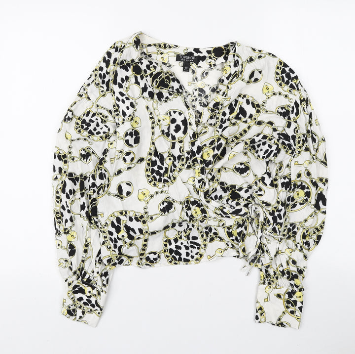 Topshop Womens Multicoloured Geometric Viscose Wrap Blouse Size 10 V-Neck