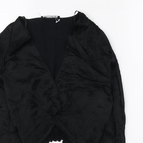 Zara Womens Black Polyester Basic Blouse Size M V-Neck - Knot detail