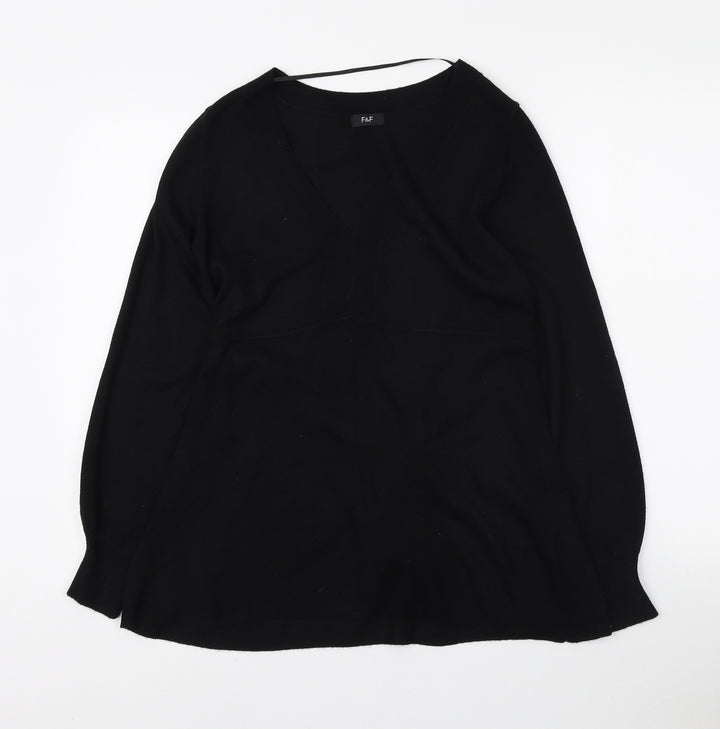 F&F Womens Black V-Neck Acrylic Tunic Jumper Size 12