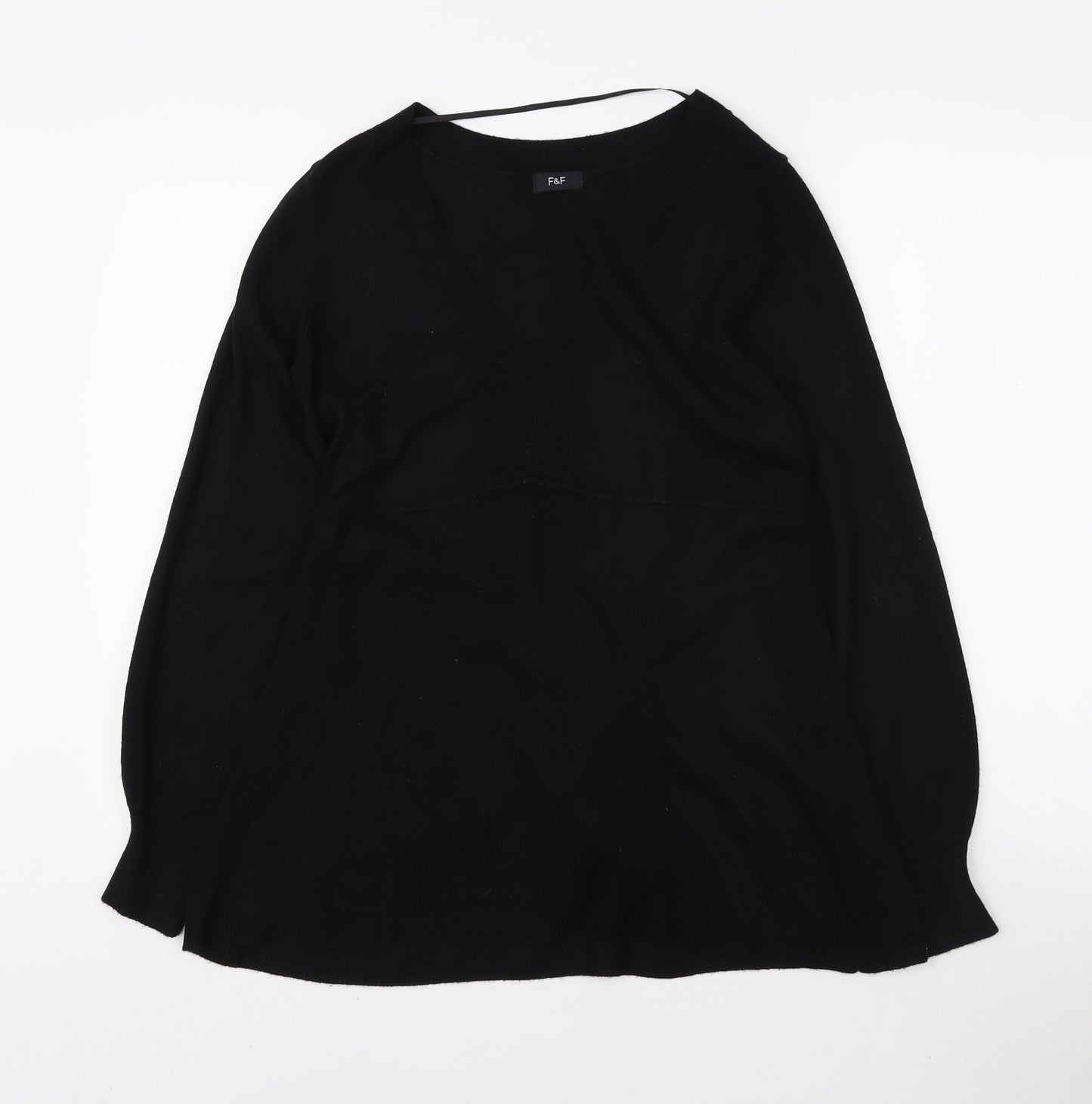 F&F Womens Black V-Neck Acrylic Tunic Jumper Size 12