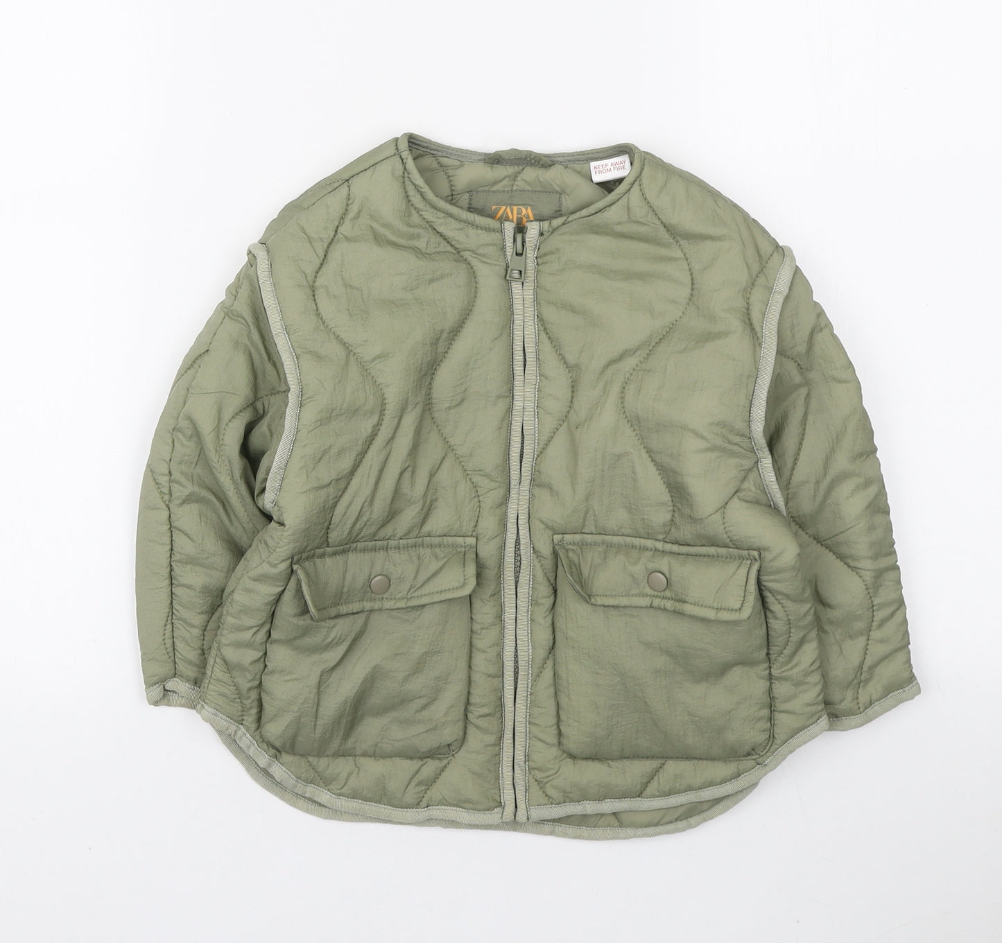 Zara Girls Green Quilted Jacket Size 3-4 Years Zip