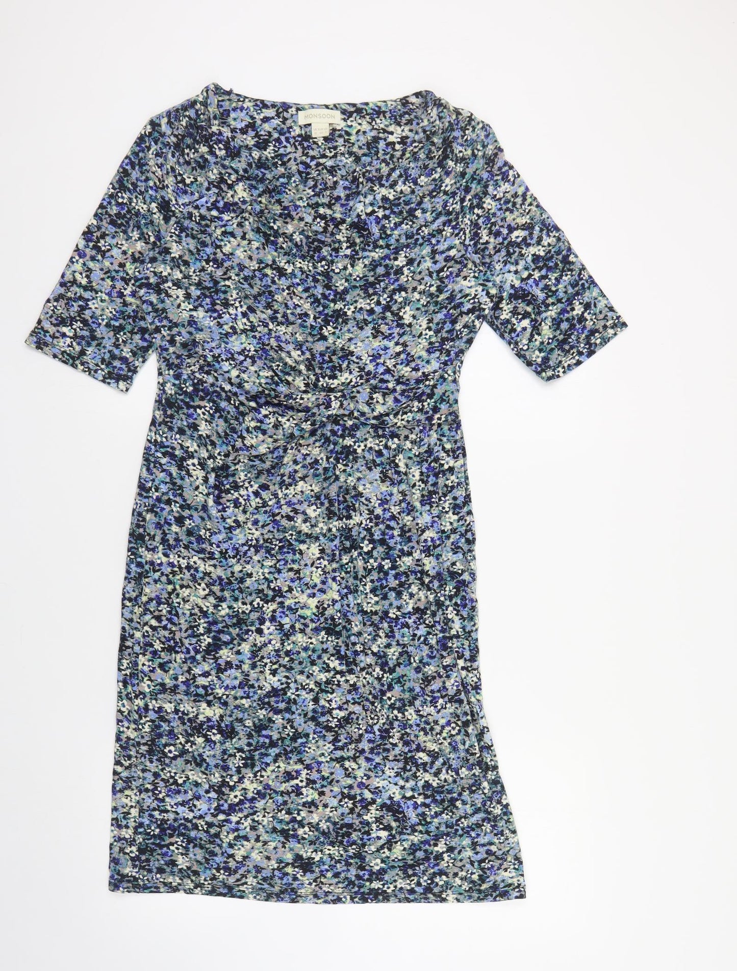 Monsoon Womens Blue Floral Viscose A-Line Size 12 Cowl Neck Pullover