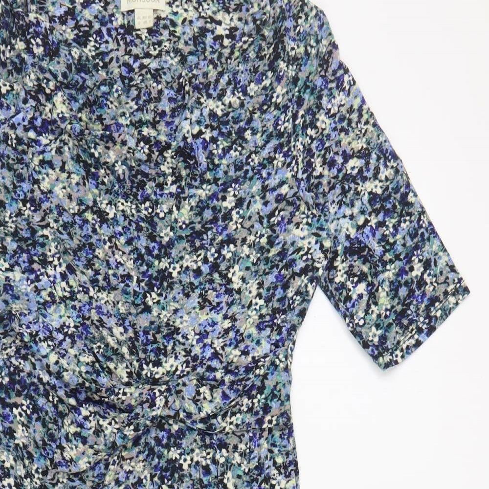 Monsoon Womens Blue Floral Viscose A-Line Size 12 Cowl Neck Pullover
