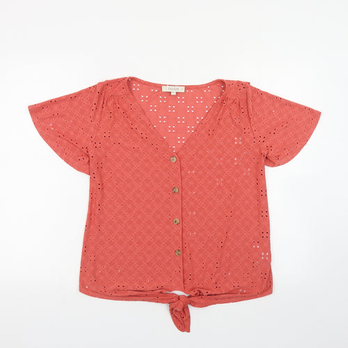 Oasis Womens Orange Geometric Polyester Basic Button-Up Size XS V-Neck - Tie Front