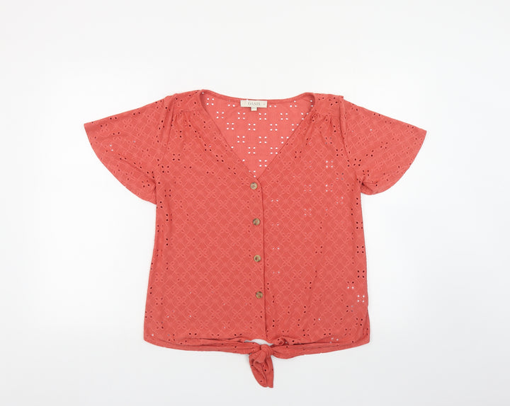 Oasis Womens Orange Geometric Polyester Basic Button-Up Size XS V-Neck - Tie Front