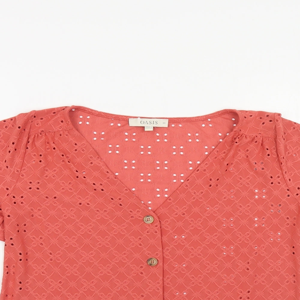 Oasis Womens Orange Geometric Polyester Basic Button-Up Size XS V-Neck - Tie Front