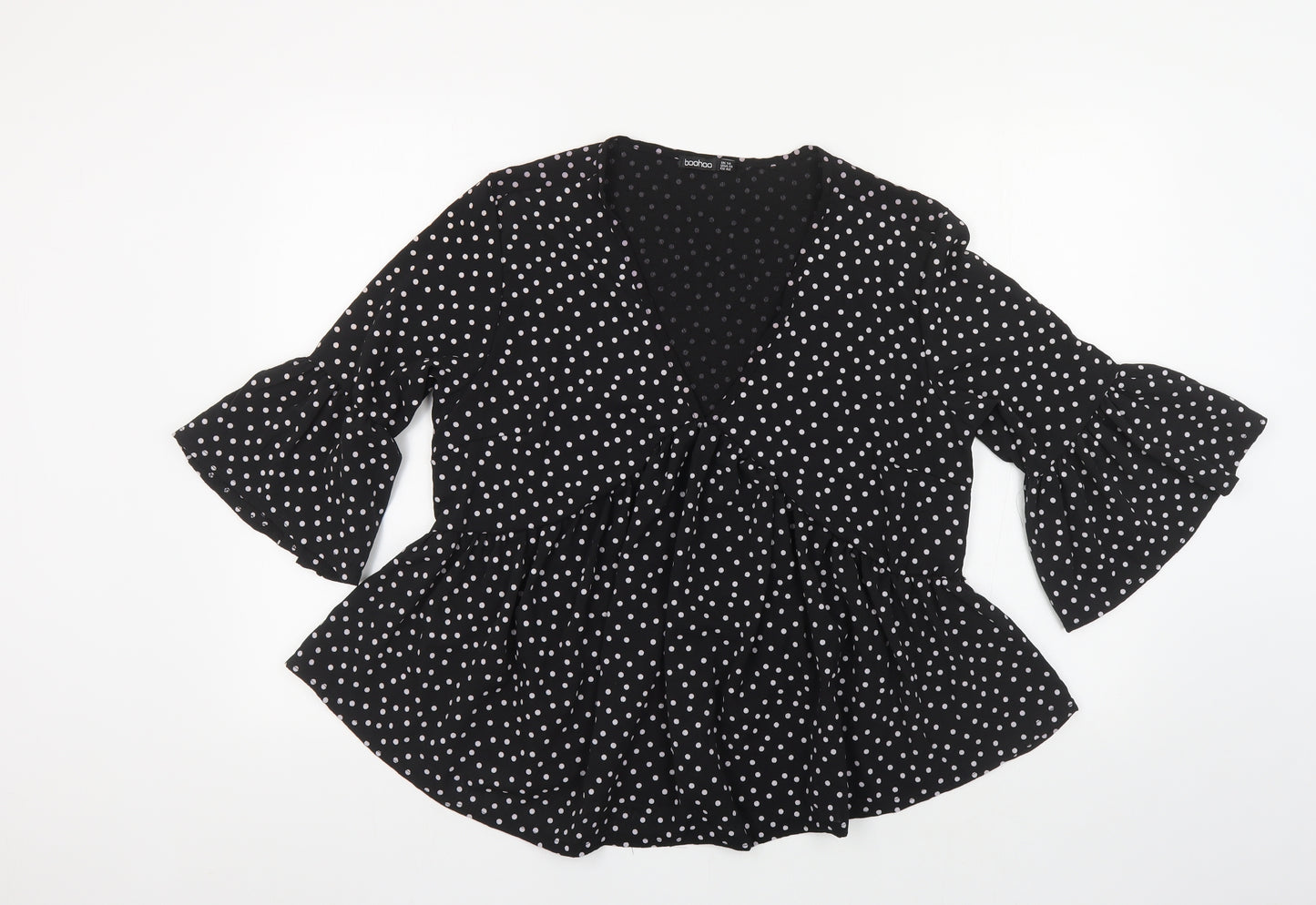 Boohoo Womens Black Polka Dot Polyester Basic Blouse Size 14 V-Neck