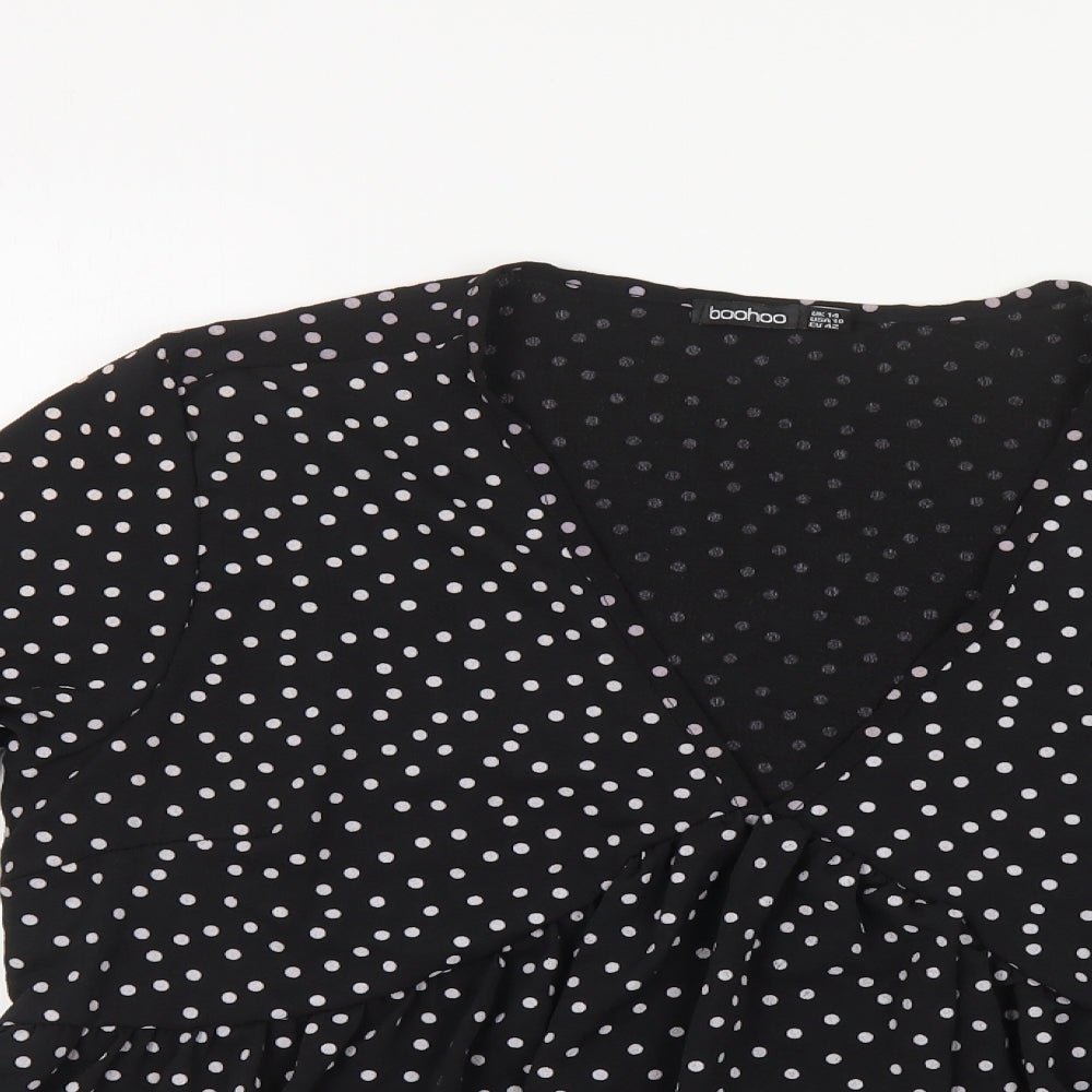 Boohoo Womens Black Polka Dot Polyester Basic Blouse Size 14 V-Neck