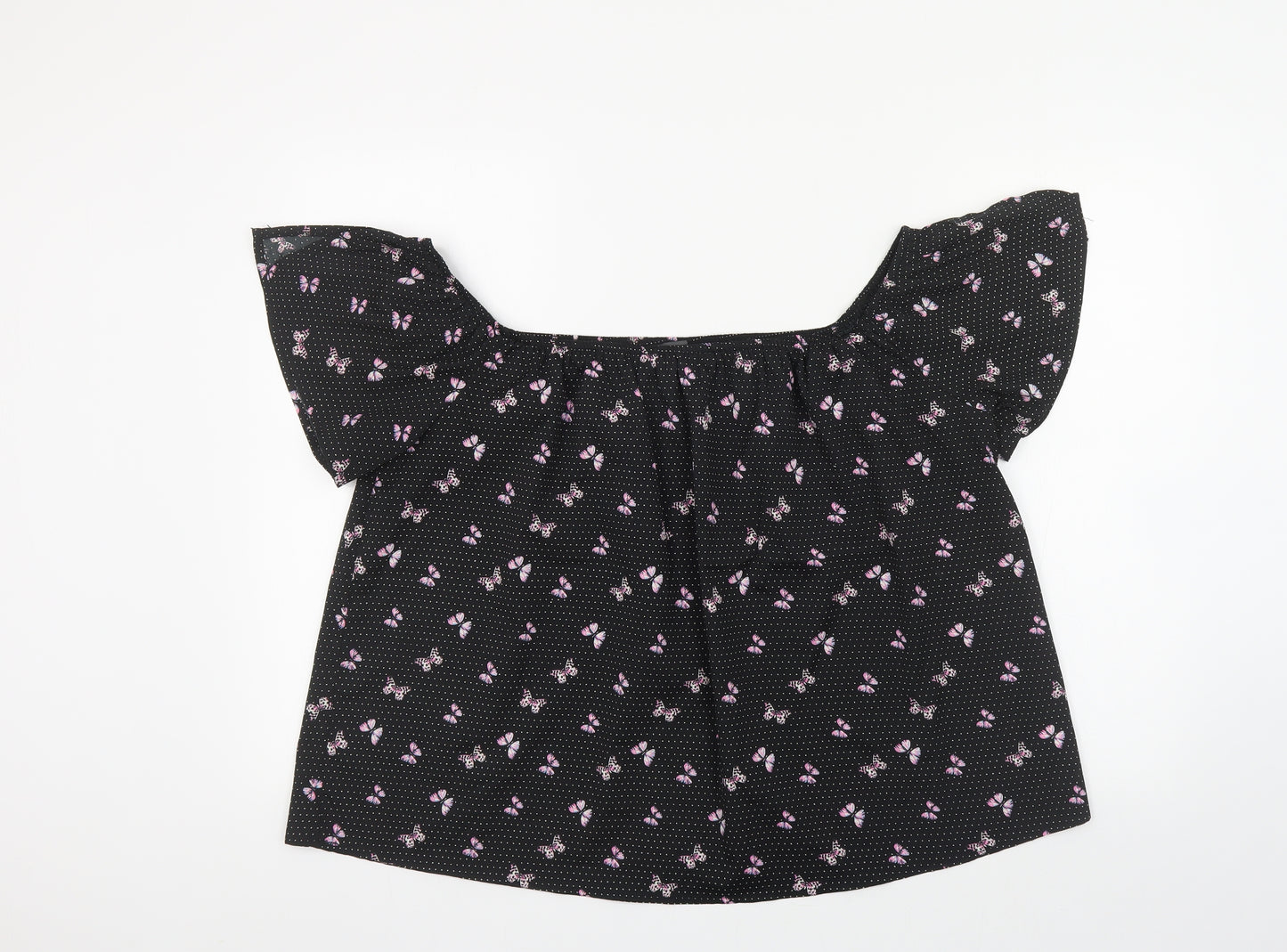 Primark Womens Black Polka Dot Polyester Basic Blouse Size 16 Off the Shoulder - Butterfly Print
