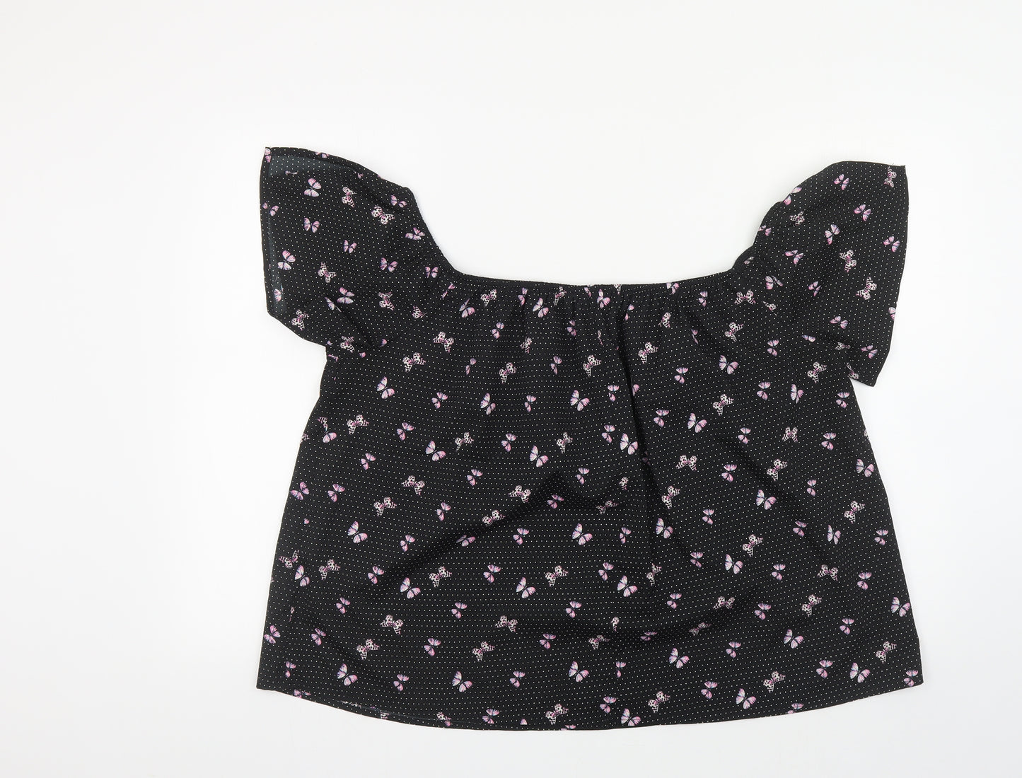 Primark Womens Black Polka Dot Polyester Basic Blouse Size 16 Off the Shoulder - Butterfly Print