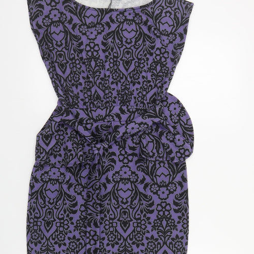 Dorothy Perkins Womens Purple Floral Polyester Pencil Dress Size 10 Boat Neck Tie