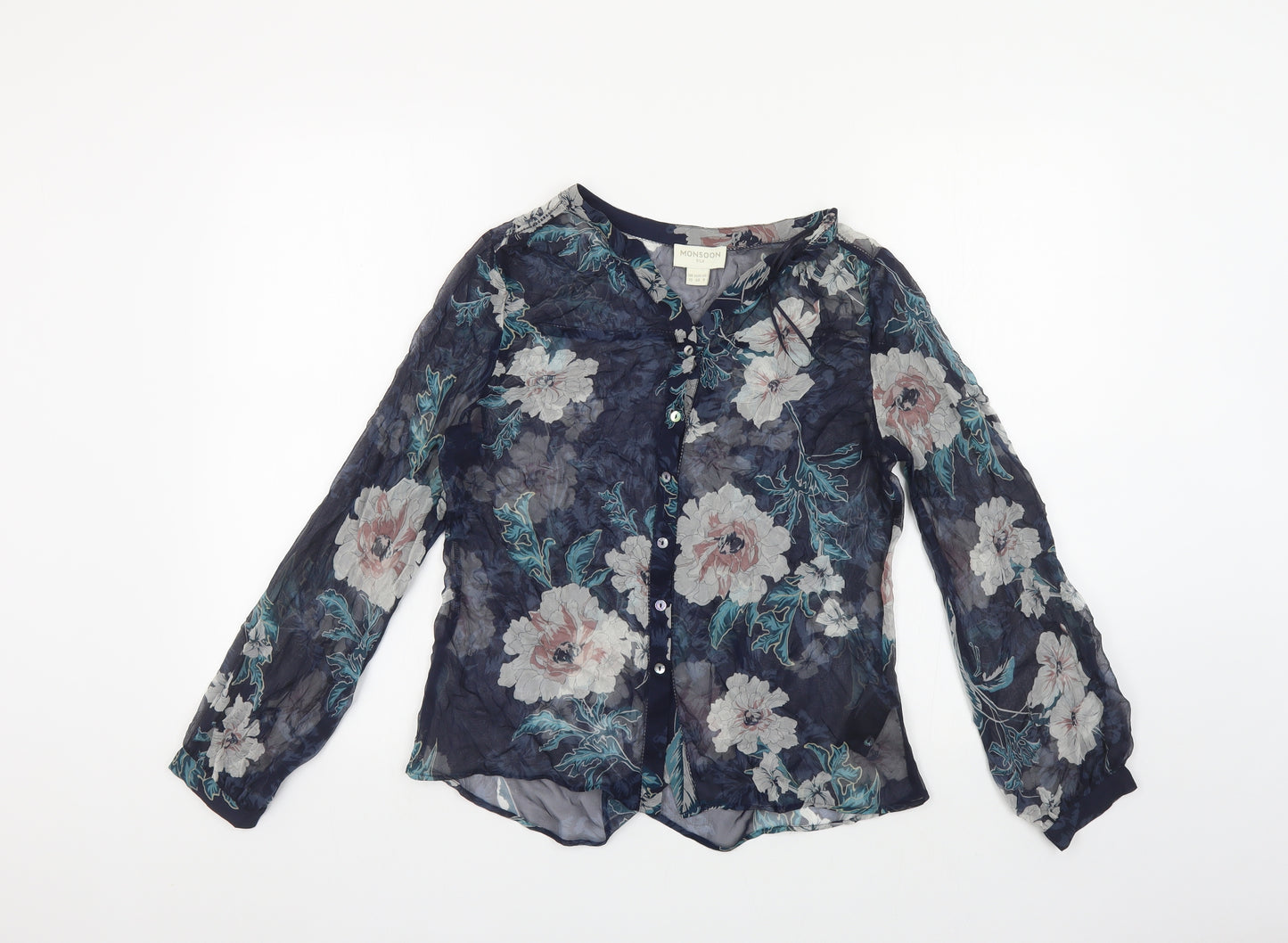 Monsoon Womens Blue Floral Silk Basic Button-Up Size 10 V-Neck