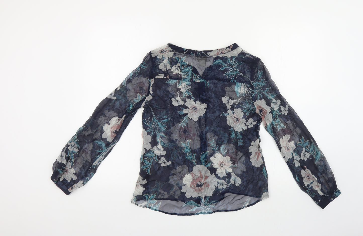 Monsoon Womens Blue Floral Silk Basic Button-Up Size 10 V-Neck