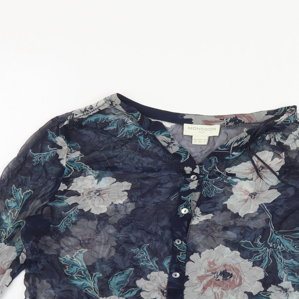 Monsoon Womens Blue Floral Silk Basic Button-Up Size 10 V-Neck