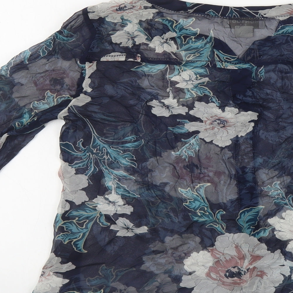 Monsoon Womens Blue Floral Silk Basic Button-Up Size 10 V-Neck