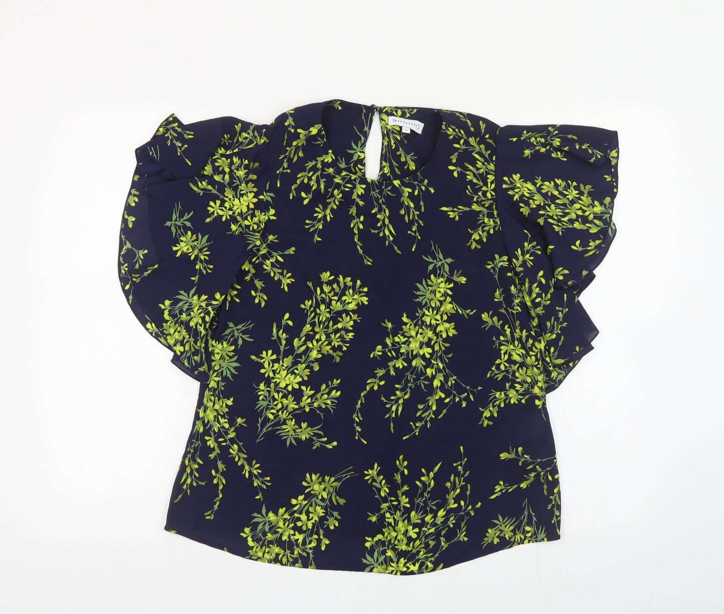 Warehouse Womens Blue Floral Polyester Basic Blouse Size 10 Round Neck