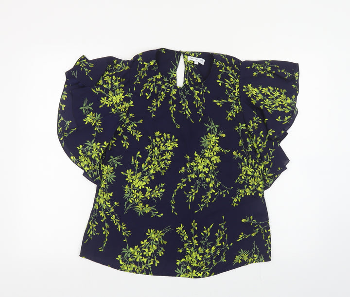 Warehouse Womens Blue Floral Polyester Basic Blouse Size 10 Round Neck
