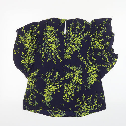 Warehouse Womens Blue Floral Polyester Basic Blouse Size 10 Round Neck