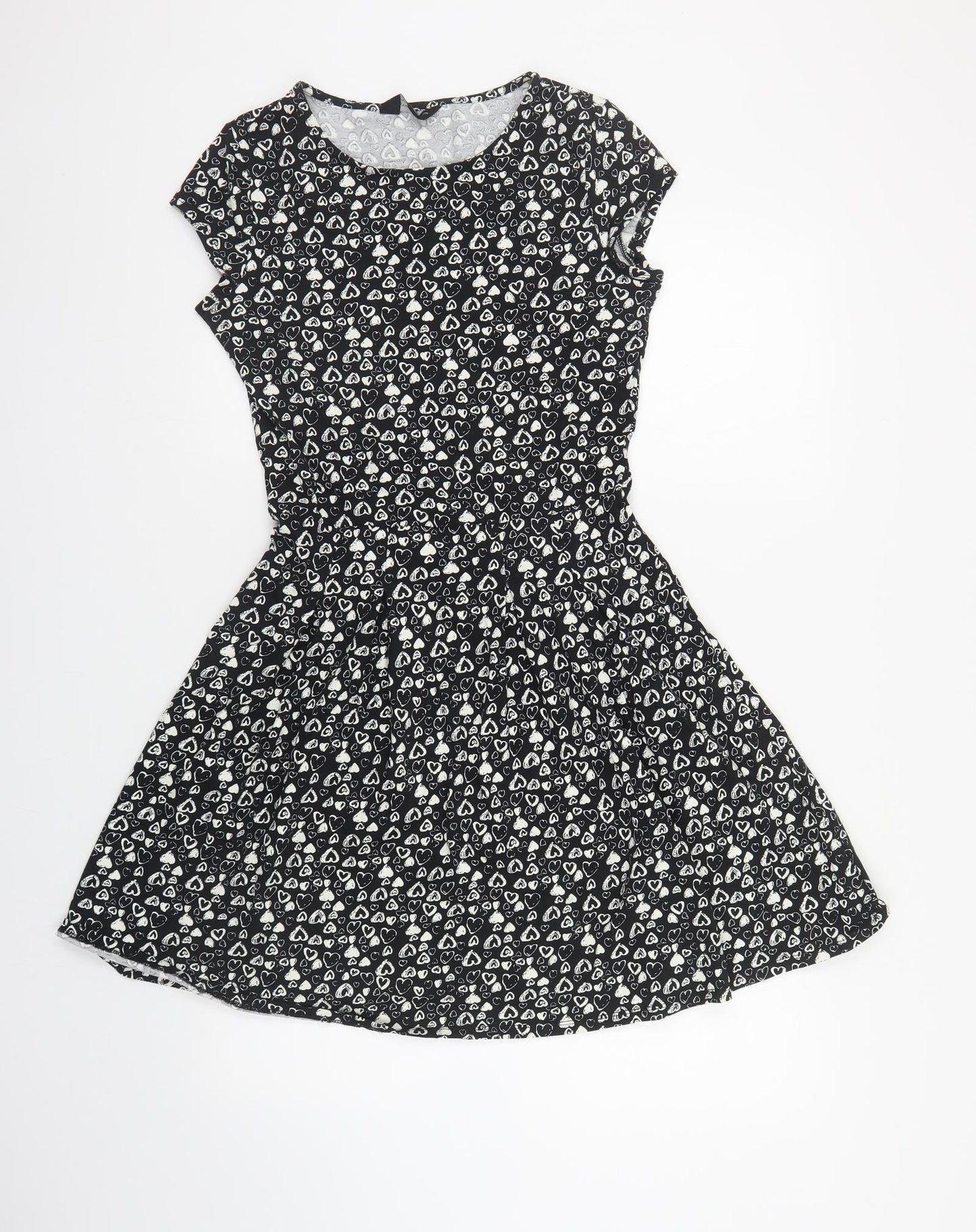 Dorothy Perkins Womens Black Geometric Cotton Skater Dress Size 12 Round Neck Pullover - Heart Print