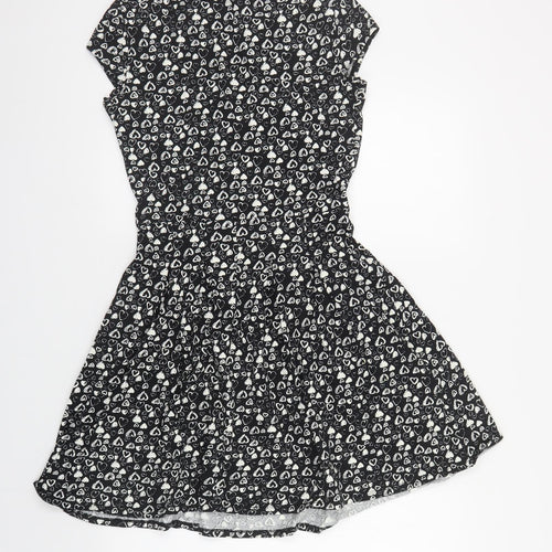 Dorothy Perkins Womens Black Geometric Cotton Skater Dress Size 12 Round Neck Pullover - Heart Print