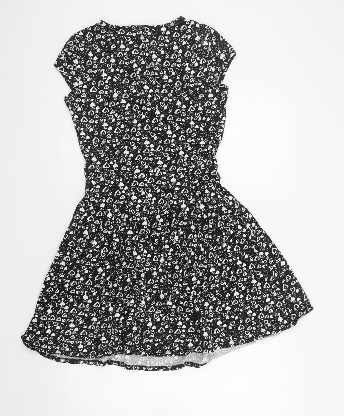 Dorothy Perkins Womens Black Geometric Cotton Skater Dress Size 12 Round Neck Pullover - Heart Print