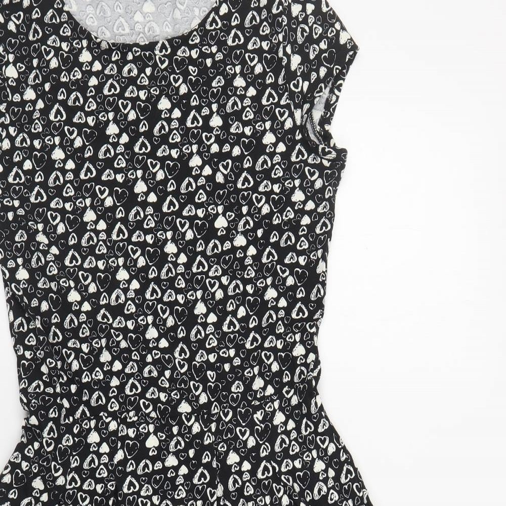 Dorothy Perkins Womens Black Geometric Cotton Skater Dress Size 12 Round Neck Pullover - Heart Print