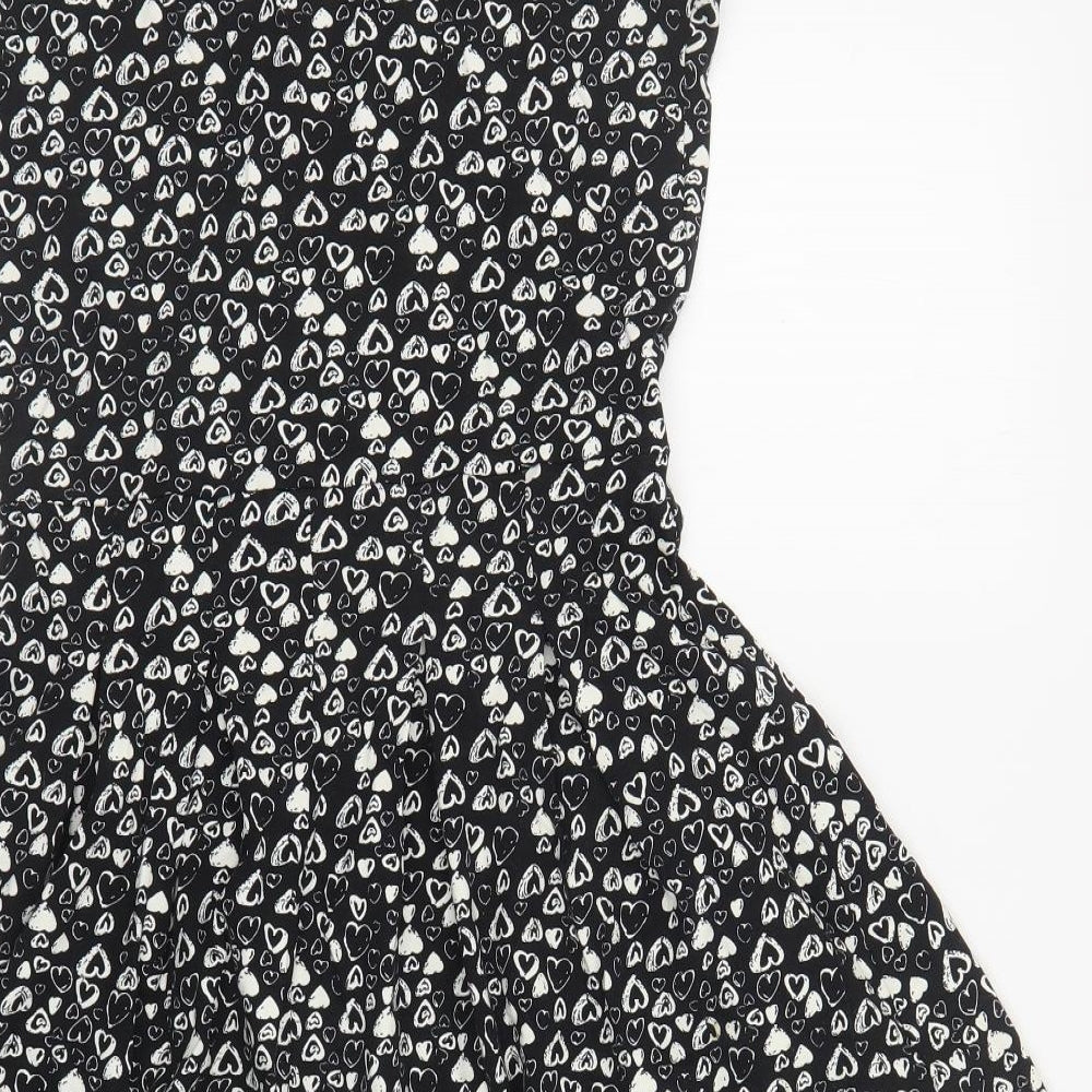 Dorothy Perkins Womens Black Geometric Cotton Skater Dress Size 12 Round Neck Pullover - Heart Print