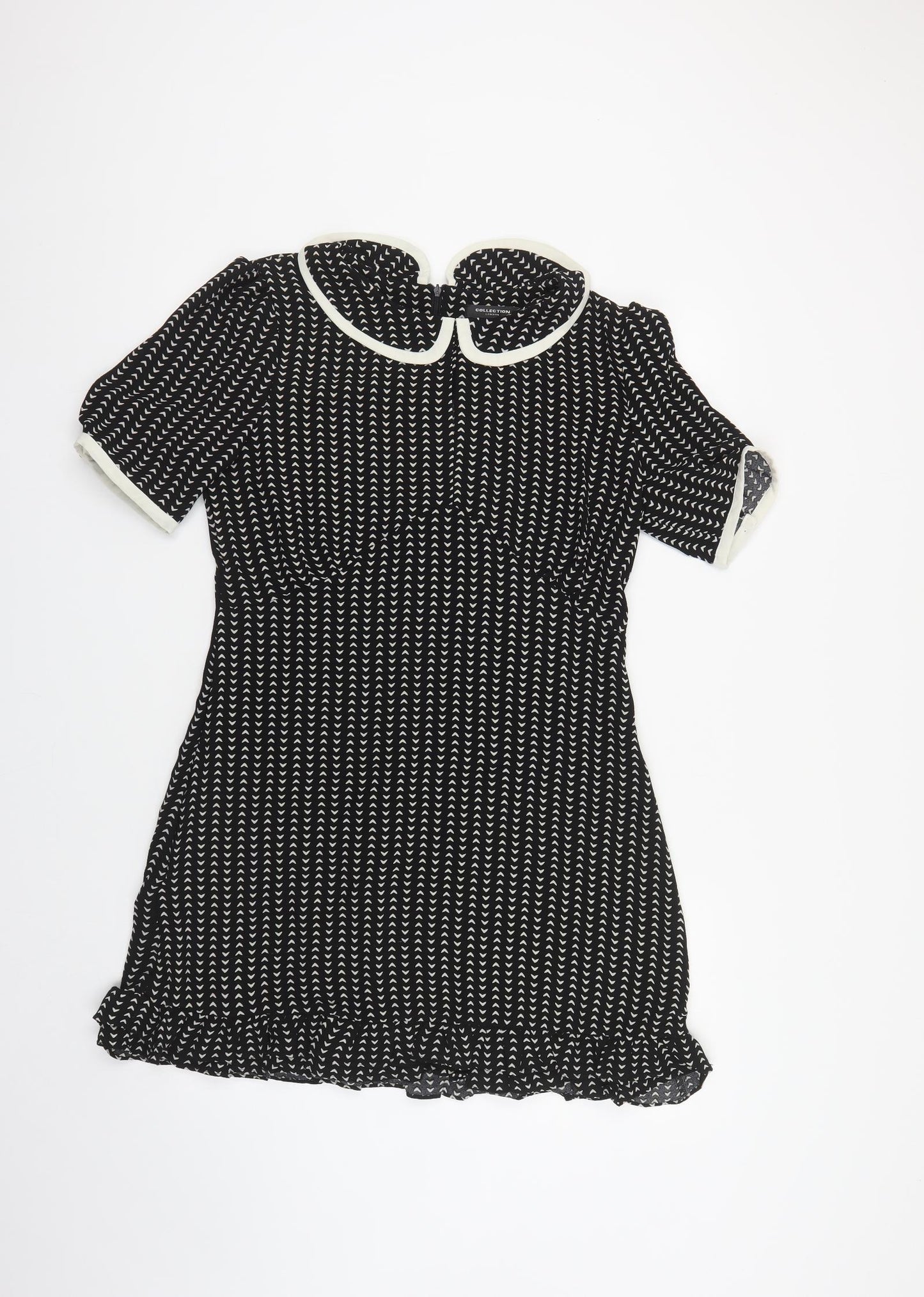 Collection London Womens Black Geometric Polyester A-Line Size 14 Collared Zip