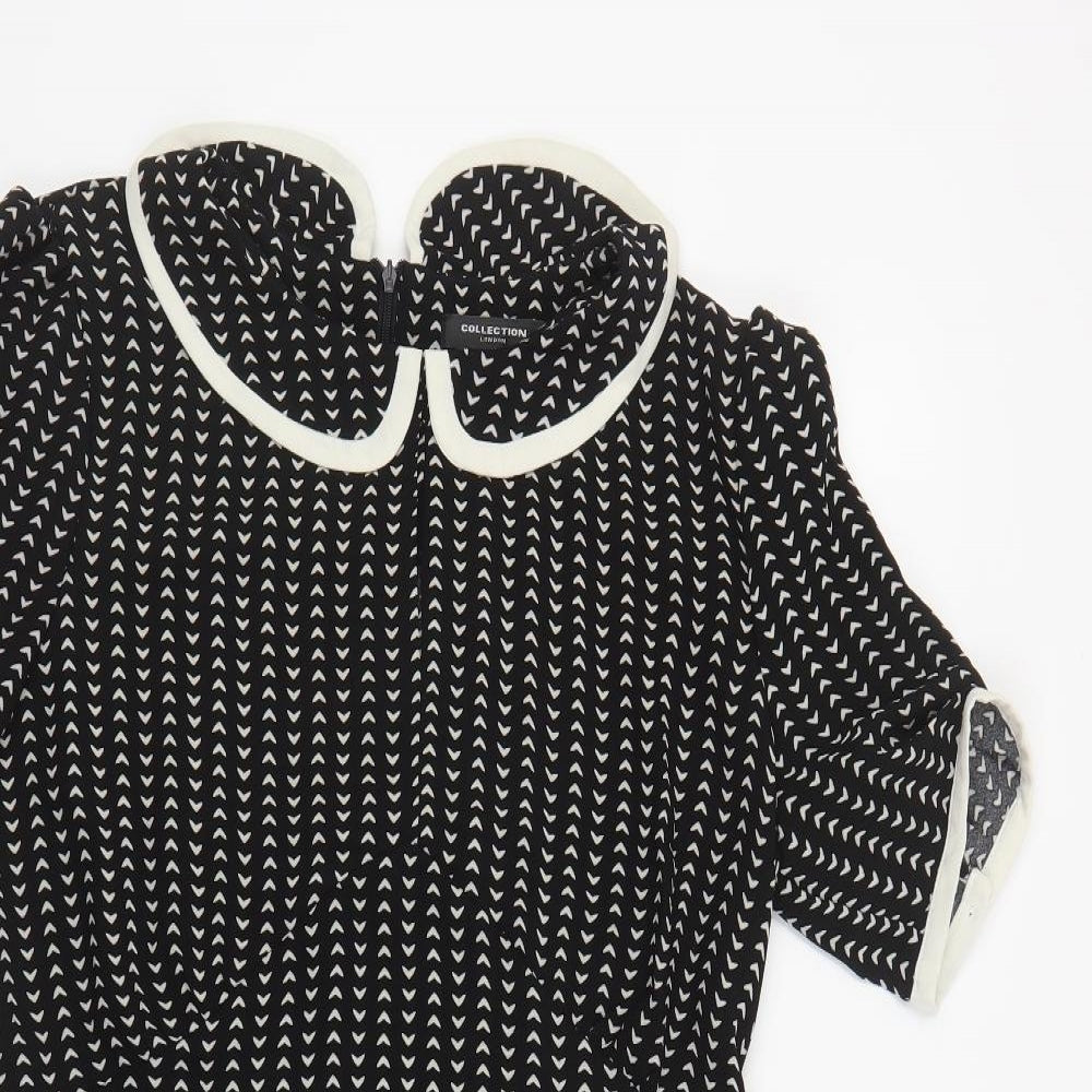 Collection London Womens Black Geometric Polyester A-Line Size 14 Collared Zip