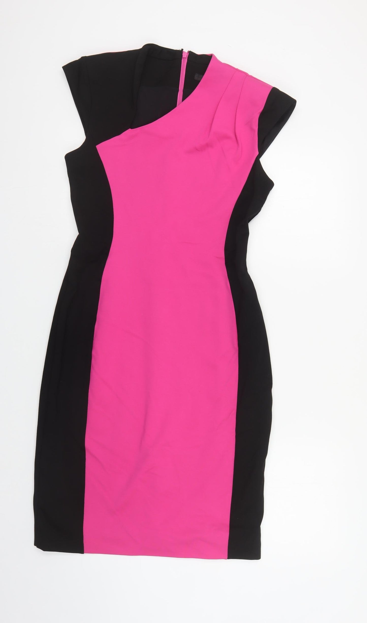 French Connection Womens Pink Colourblock Viscose Pencil Dress Size 14 V-Neck Zip