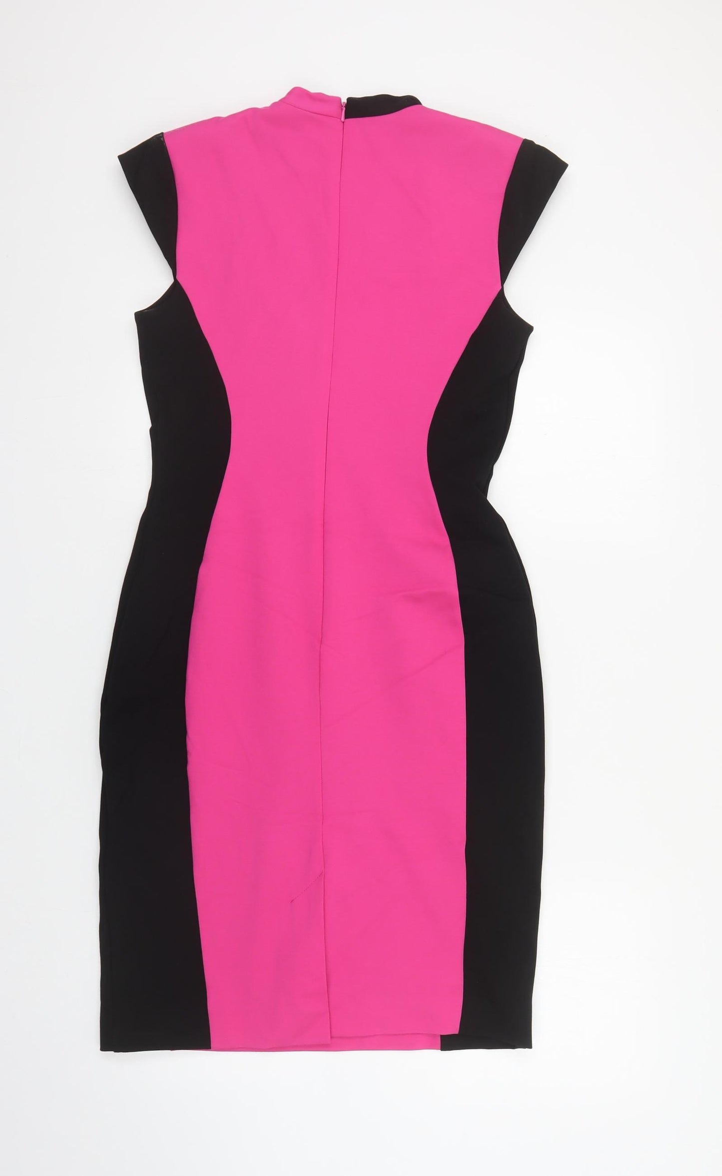 French Connection Womens Pink Colourblock Viscose Pencil Dress Size 14 V-Neck Zip