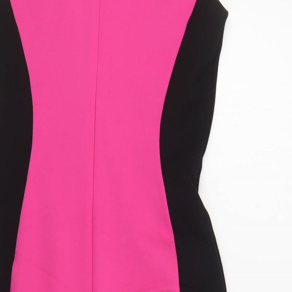French Connection Womens Pink Colourblock Viscose Pencil Dress Size 14 V-Neck Zip