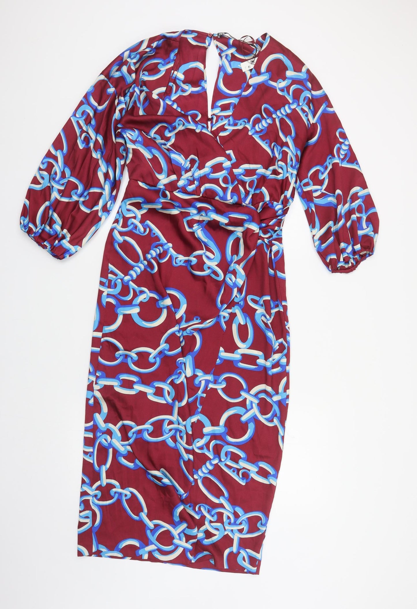 Zara Womens Red Geometric Polyester Maxi Size M V-Neck Button