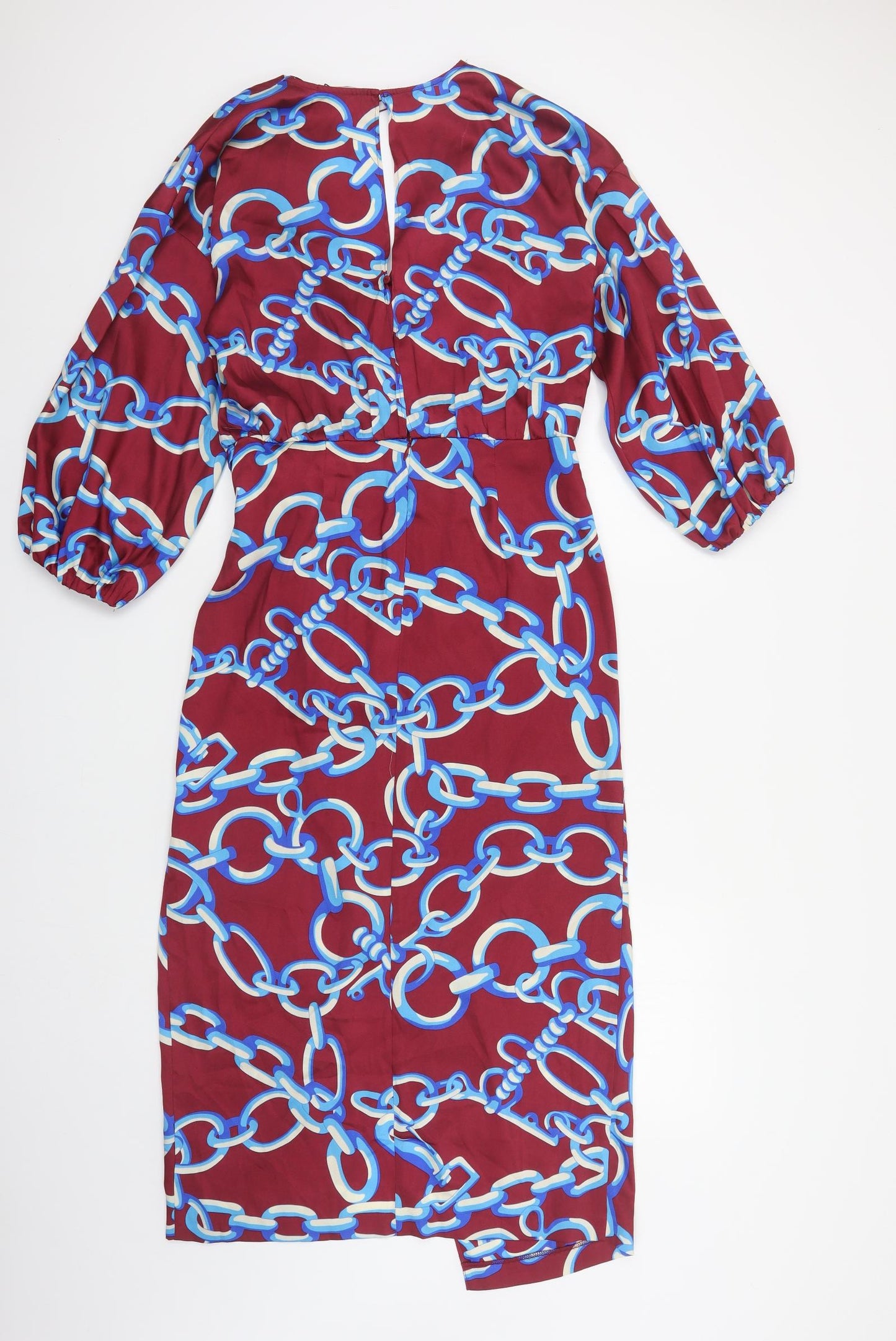 Zara Womens Red Geometric Polyester Maxi Size M V-Neck Button