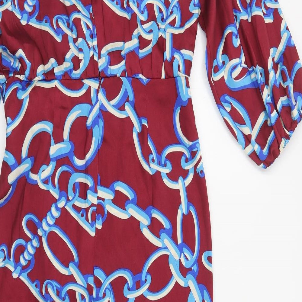 Zara Womens Red Geometric Polyester Maxi Size M V-Neck Button