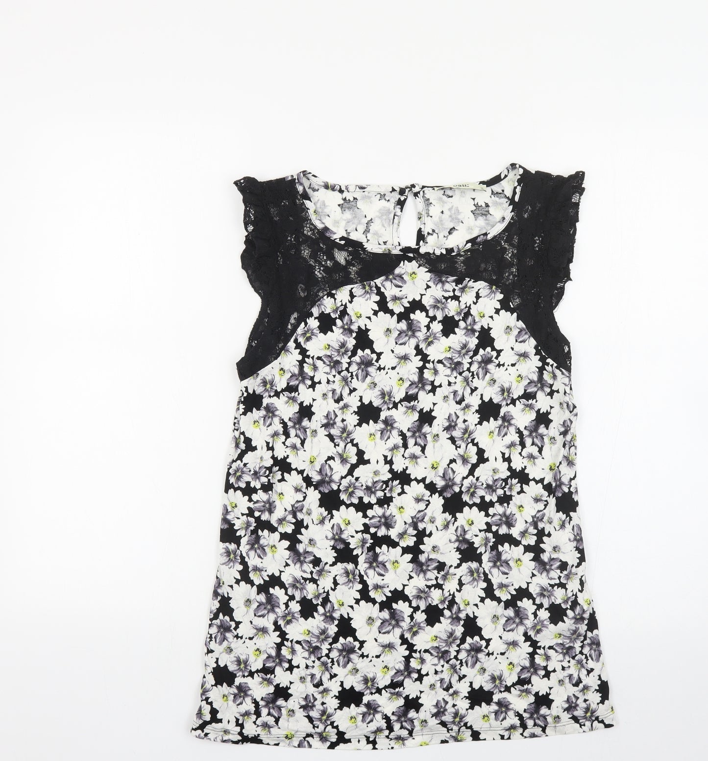 Oasis Womens Black Floral Viscose Basic T-Shirt Size M Boat Neck - Lace Detail