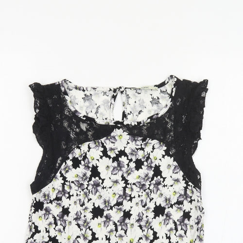 Oasis Womens Black Floral Viscose Basic T-Shirt Size M Boat Neck - Lace Detail