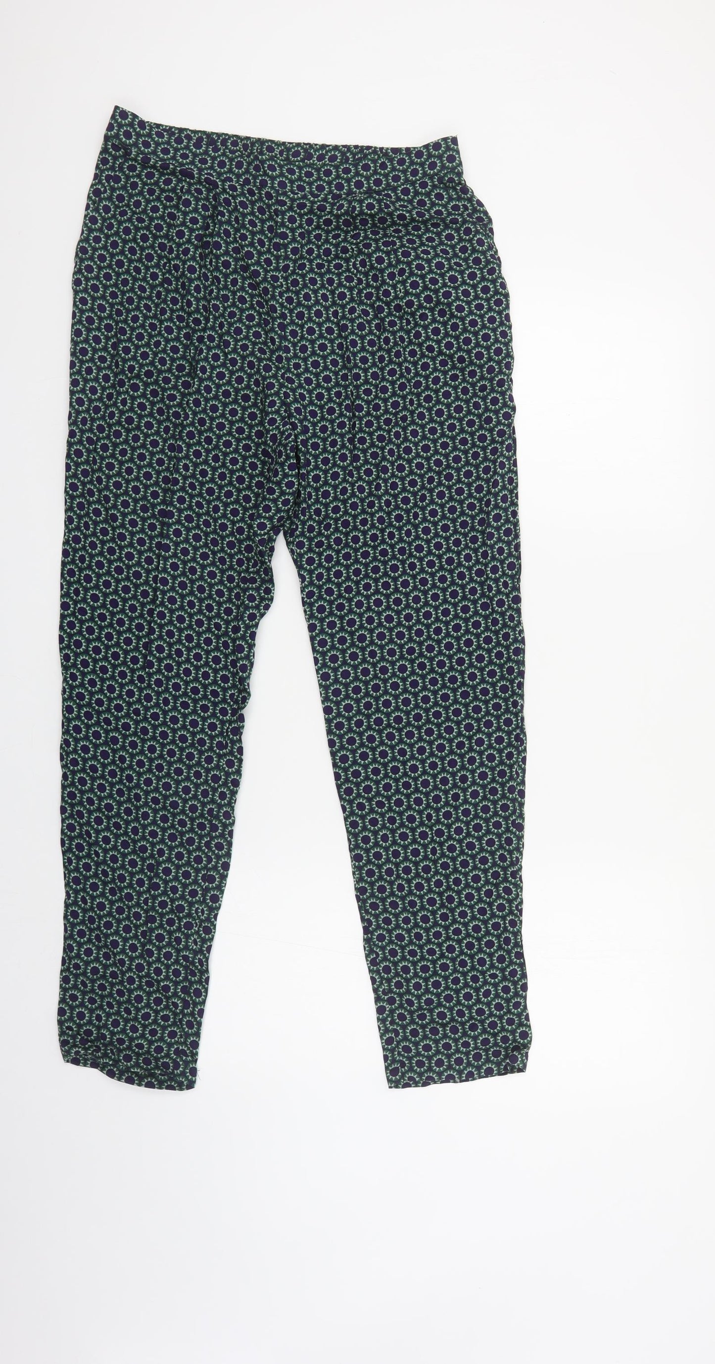 H&M Womens Green Geometric Viscose Trousers Size 10 L28 in Regular