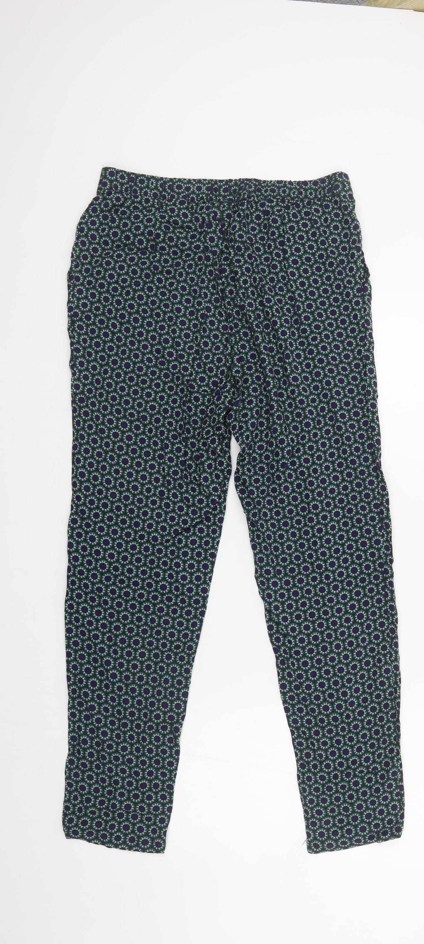 H&M Womens Green Geometric Viscose Trousers Size 10 L28 in Regular