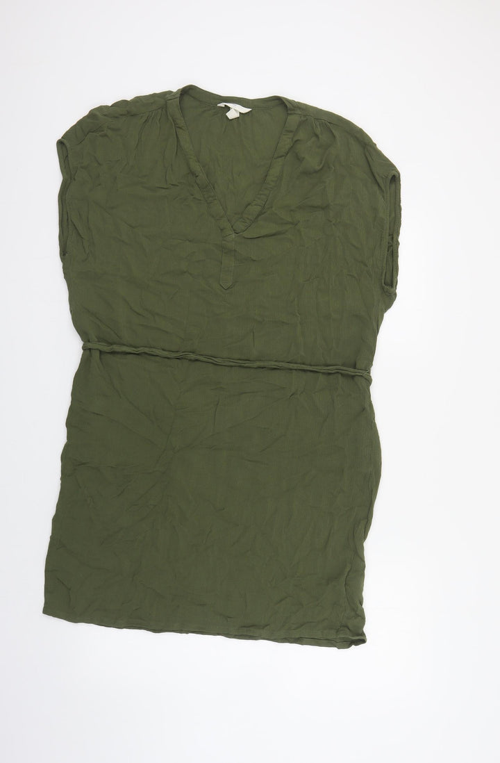 H&M Womens Green Viscose Sheath Size 12 V-Neck Tie