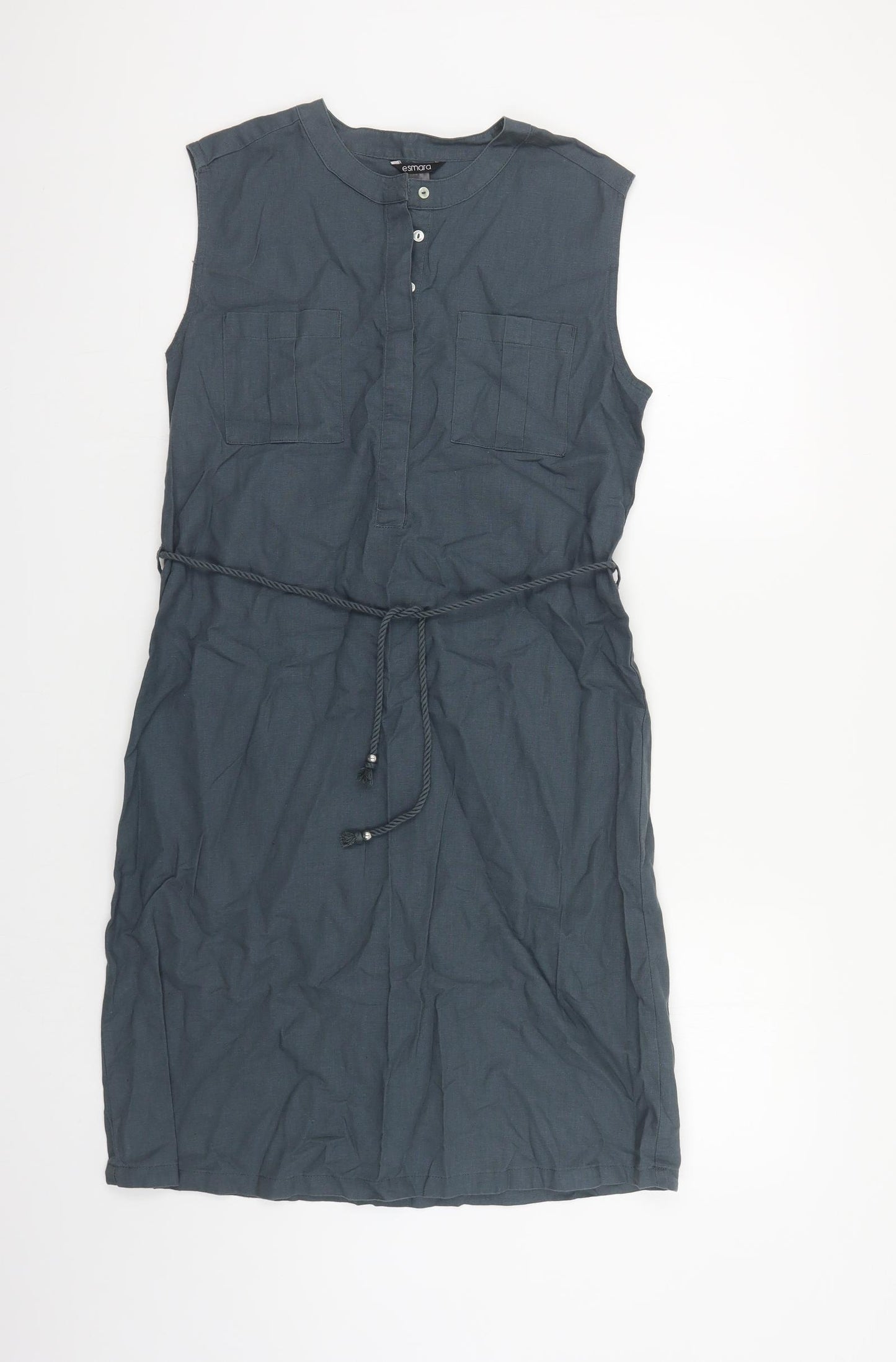 ESMARA Womens Blue Linen Shirt Dress Size 12 Round Neck Button