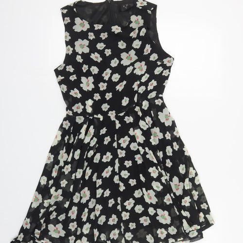 AX Paris Womens Black Floral Polyester A-Line Size 10 Boat Neck Zip