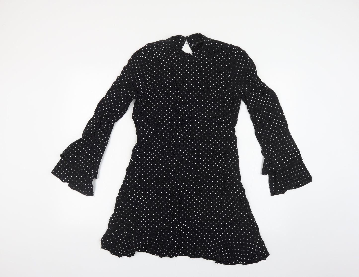 Zara Womens Black Polka Dot Viscose Fit & Flare Size S Mock Neck Zip