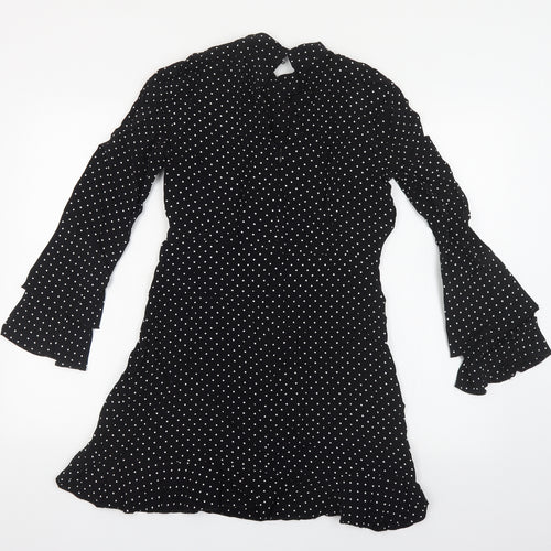 Zara Womens Black Polka Dot Viscose Fit & Flare Size S Mock Neck Zip