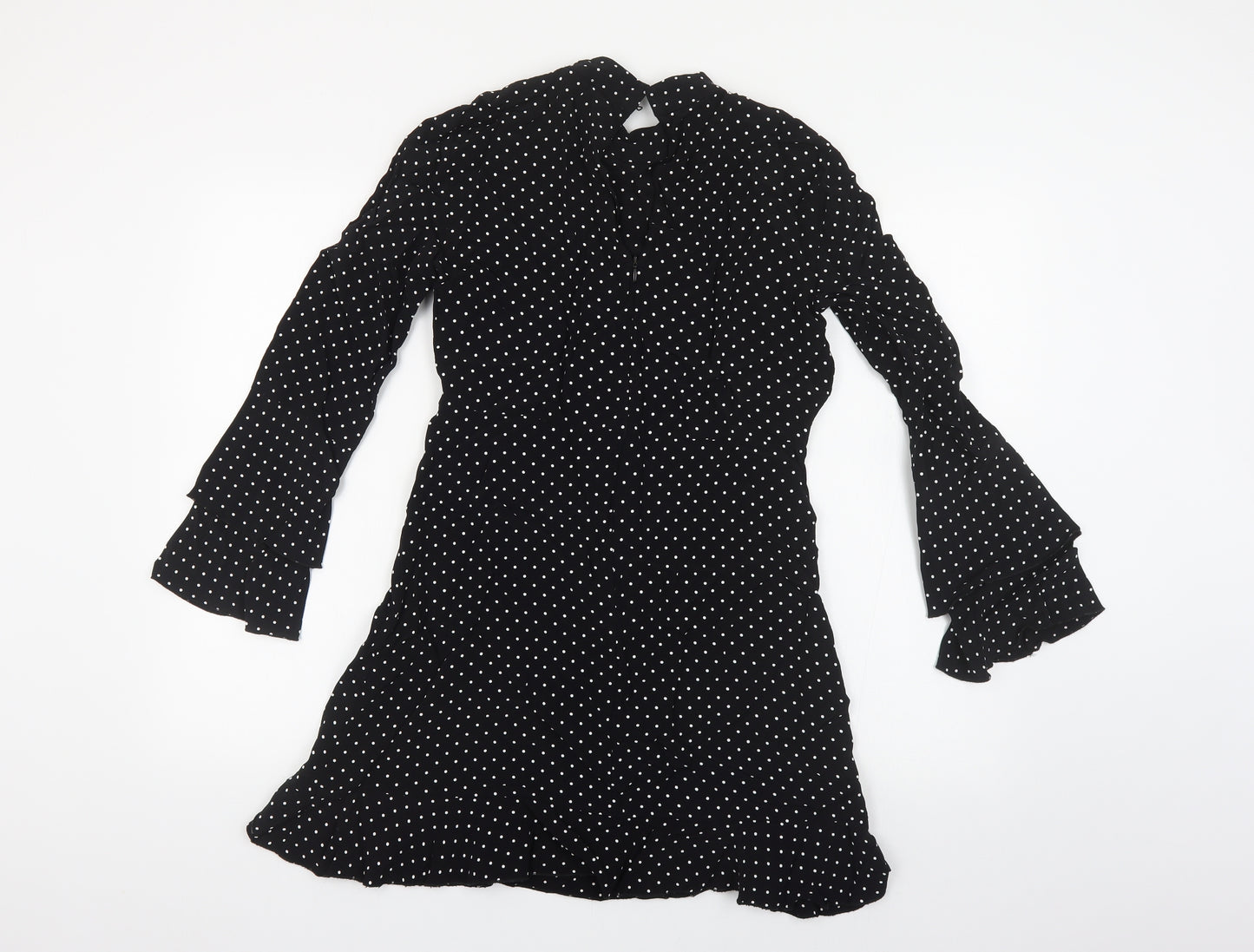 Zara Womens Black Polka Dot Viscose Fit & Flare Size S Mock Neck Zip