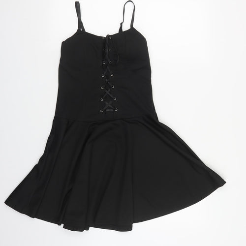 Pretty Guide Womens Black Polyester Skater Dress Size S Square Neck Lace Up