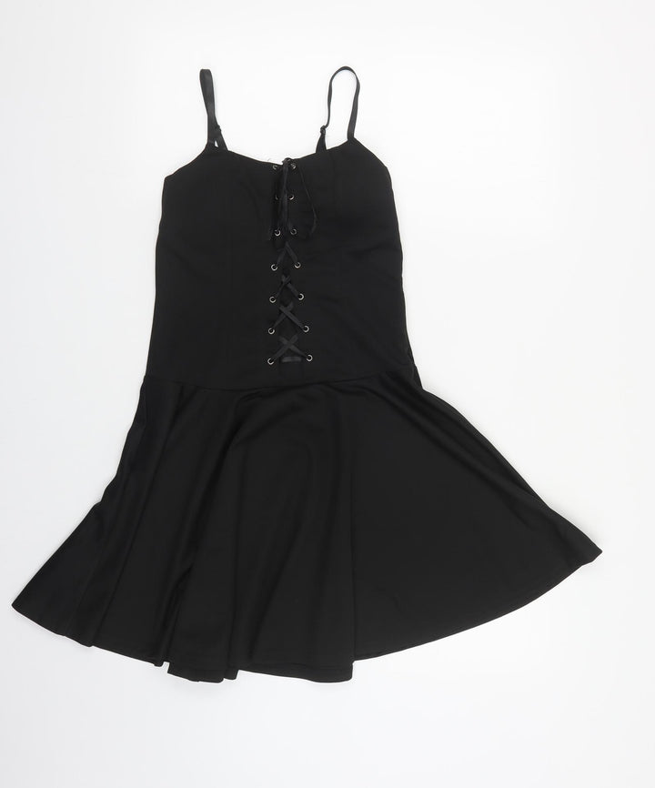 Pretty Guide Womens Black Polyester Skater Dress Size S Square Neck Lace Up