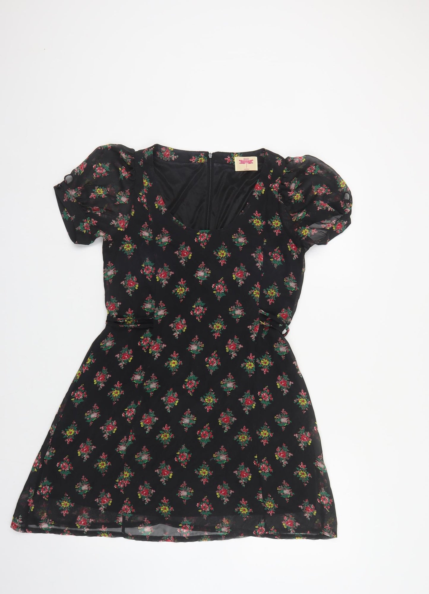 Orion Womens Black Floral Polyester Mini Size S Scoop Neck Zip